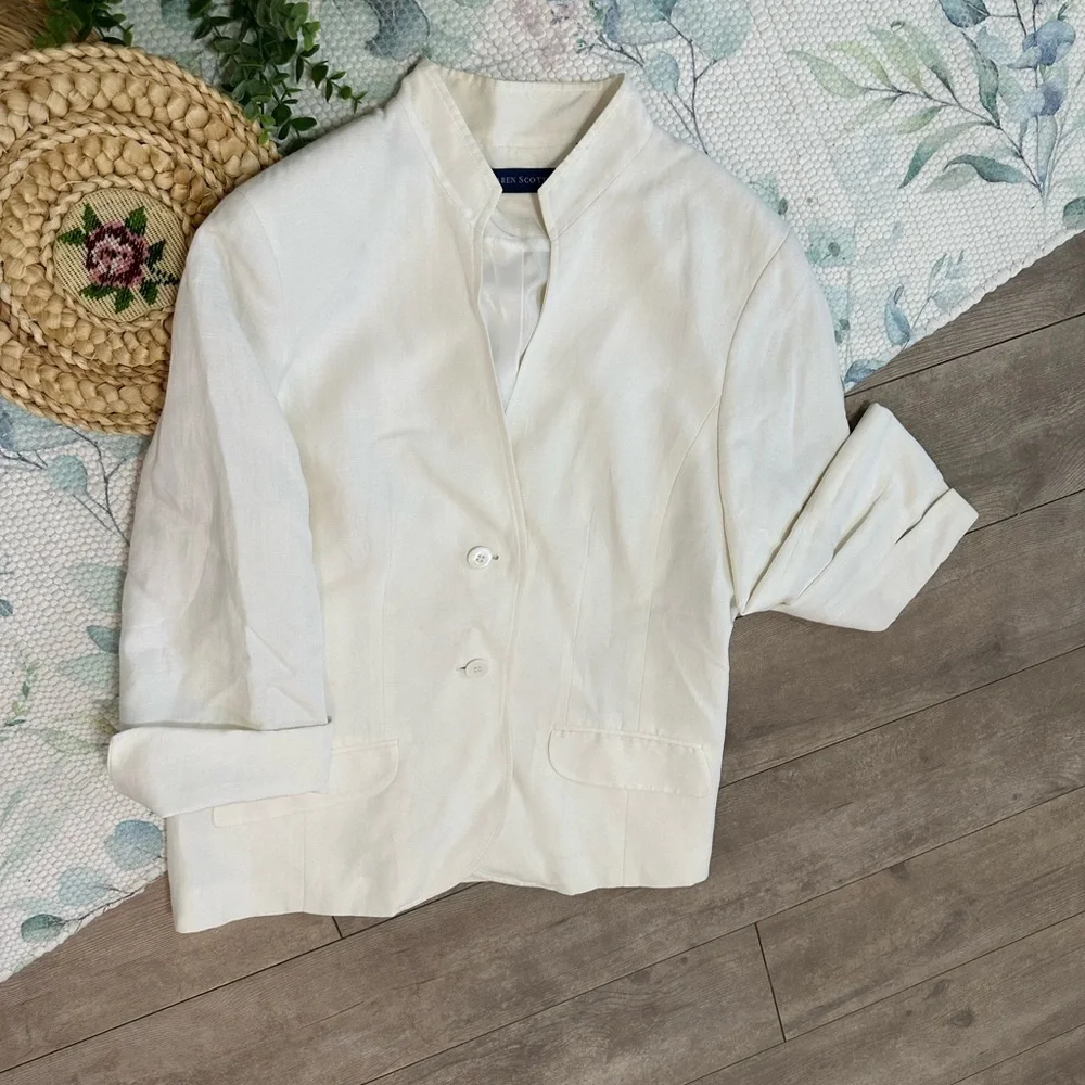 Karen Scott Women’s Cream Blazer Linen Rayon Shoulder Pads Minimalist Size 12